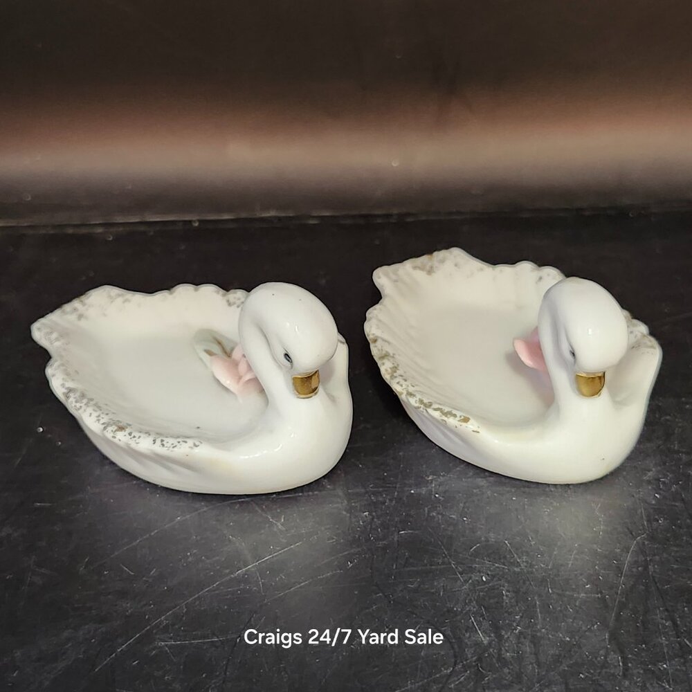 Pair Swan Porcelain Salt Cellars Roses Japan Mid Century MCM Vintage